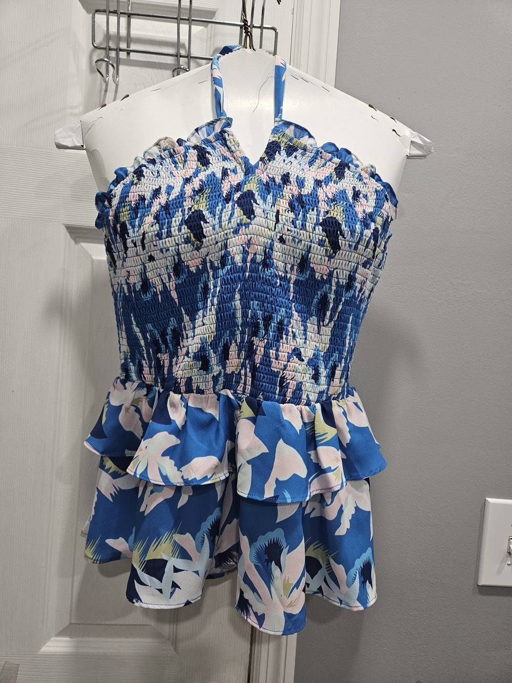 Grace Karin Blue and Pink Floral Smocked Halter Top